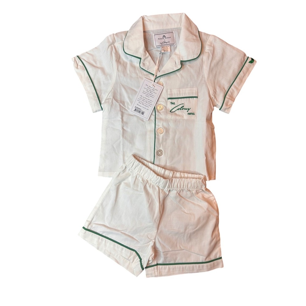 Petite Plume x The Colony Hotel Pajama Set White Green Piping 6/12M NWT